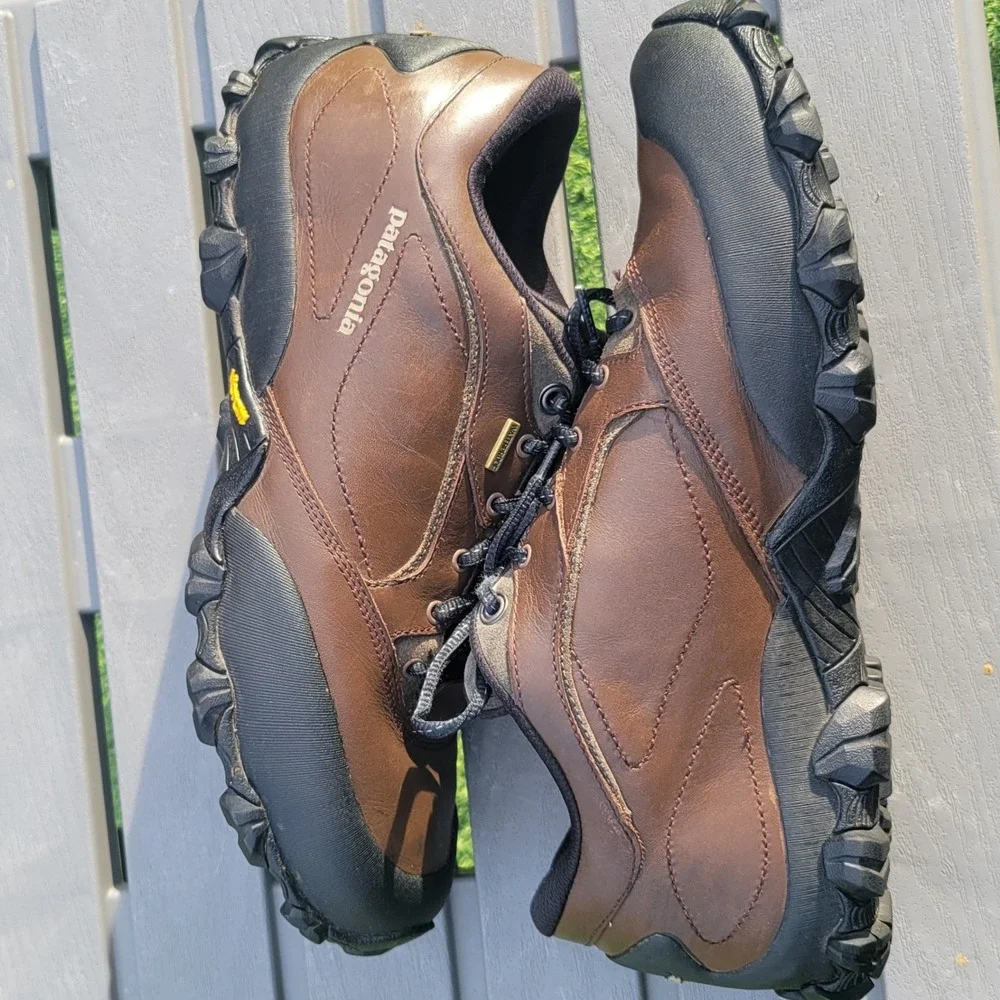 Patagonia Waterproof Hiking Shoes Men 12 Brown Leather Vibram Low Top Trekking